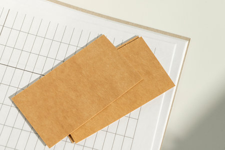 Two brown kraft paper envelopes on a grid-lined paper background. Top view stationery mockupの写真素材