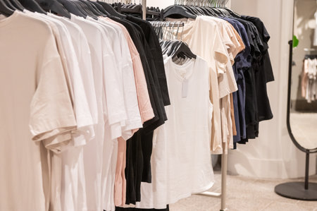 Various t-shirts in neutral colors on hangers in retail clothing store. Fashion photography for design, poster, and store displayの写真素材