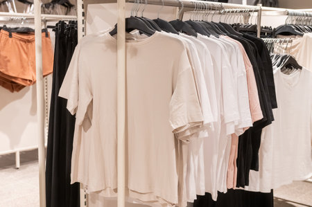 Various t-shirts in neutral colors on hangers in retail clothing store. Fashion photography for design, poster, and store displayの写真素材