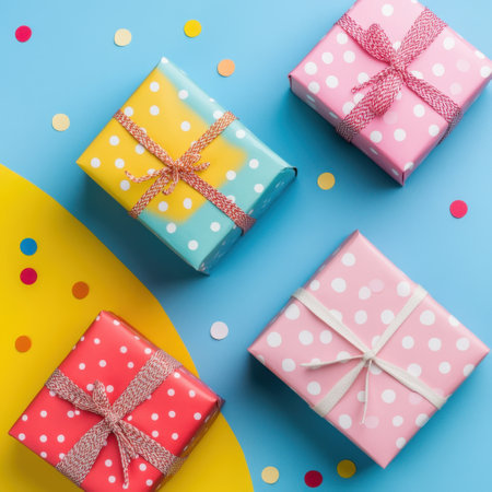 Top view of assorted gift boxes adorned with polka dots and stripes, set against a vivid blue and yellow backdrop with confetti accentsの素材