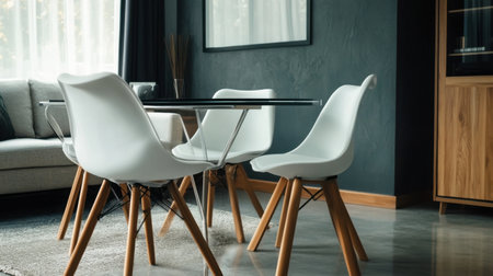 An elegant modern dining space featuring a sleek table, white chairs, and subtle neutral colors enhancing the minimalist aestheticの素材