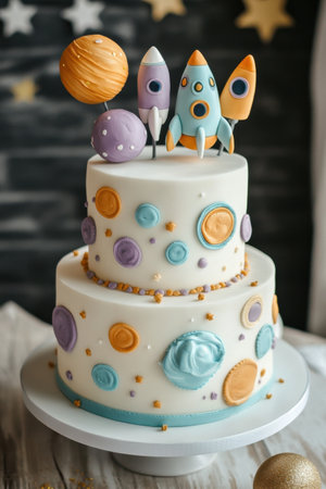 Celebrate a special day with this delightful space-themed birthday cake, featuring a charming cartoon astronaut figurine on topの素材