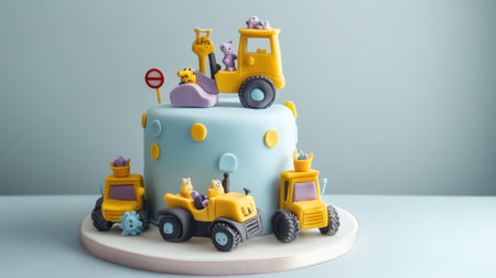 A playful birthday cake decorated with fondant construction vehicles and equipment, perfect for a themed celebrationの素材