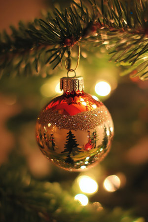 A close-up of a sparkling Christmas bauble adorned with tree motifs, hanging from a lush green tree with soft lights in the backgroundの素材