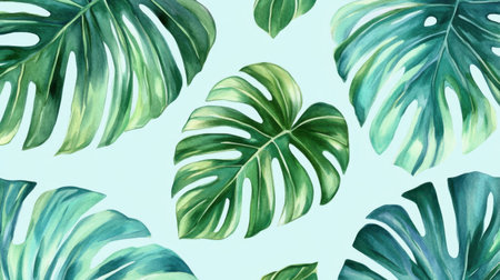A seamless pattern featuring hand-painted monstera leaves in various shades of green on a calming teal backgroundの素材