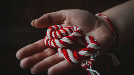 A hand traditional wearing red and white Martenitsa bracelets, symbolizing health and prosperity, on a dark textured background highlighting Bulgarian cultural heritageの素材