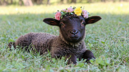 Adorable lamb with floral crown relaxing in meadow.の素材