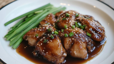 Delicious teriyaki chicken with green onion garnish - perfect for Asian cuisine lovers.の素材