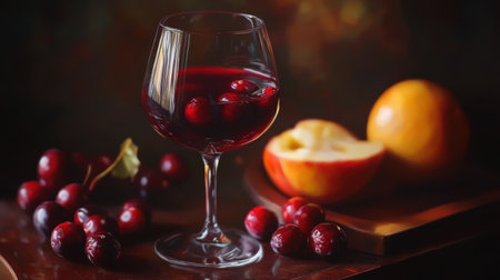 Autumn still life with wine glass, fresh apples, and grapes for seasonal table setting.の素材