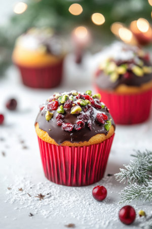 Festive holiday cupcakes with chocolate, cranberries, and pistachios for Christmas celebration.の素材