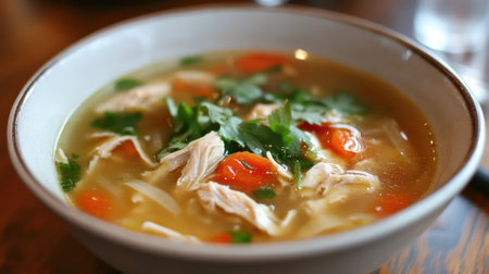 Delicious chicken and vegetable soup with fresh herbs and lemon.の素材