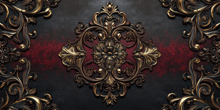 Ornate baroque gold and black floral pattern with red accent for elegant decorative design.の素材