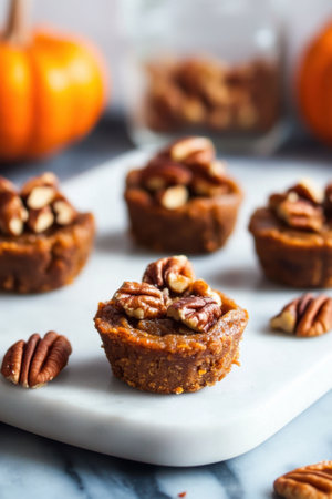 Delicious pumpkin pecan tarts with autumn flavors for thanksgiving desserts.の素材
