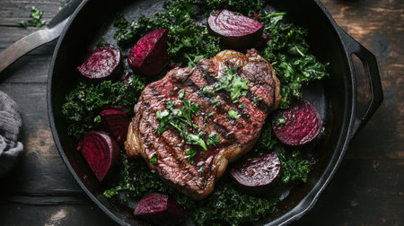 Grilled steak on a bed of kale with colorful root vegetables in skillet.の素材