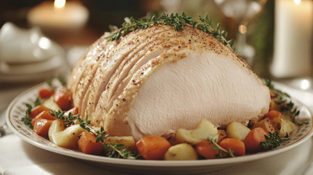 Thanksgiving roasted turkey breast with vegetables garnished with thyme for holiday meal.の素材