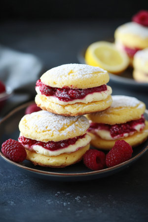 Delicious raspberry and cream sandwich cookies perfect for festive celebrations and dessert lovers.の素材