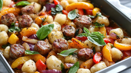 Hearty gnocchi with sausage and vegetables for a delicious Italian meal.の素材