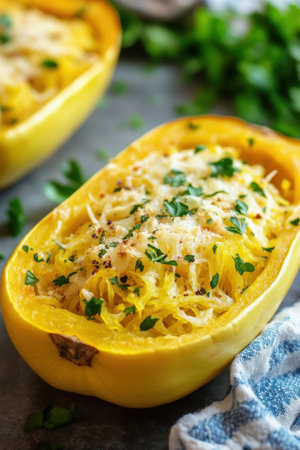 Delicious herb and cheese stuffed spaghetti squash perfect for healthy meals.の素材