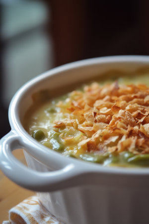 Creamy green bean casserole with crispy onions for comfort food lovers.の素材