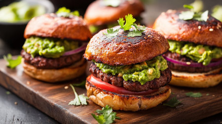 Gourmet guacamole burgers with fresh herbs and vegetables on wooden platter for culinary presentation.の素材