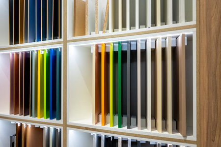 A variety of colorful paper samples neatly organized on wooden shelves, showing a selection of materials for creative projectsの写真素材