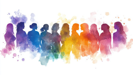 Colorful silhouette of diverse women in watercolor art.の素材