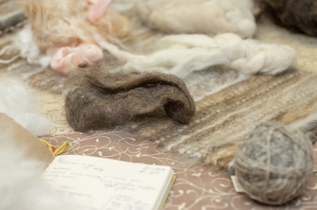 Variety of natural wool fibers and yarns displayed on a table.の写真素材