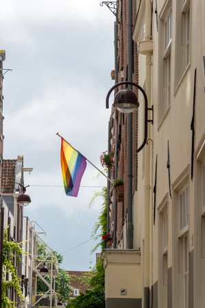 Progress Pride flag displayed on the exterior of a historic buildingの写真素材