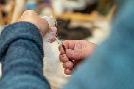 Elderly caucasian female hands spinning yarn from wool fiber on spindle.の写真素材