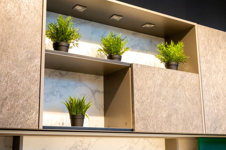 Sleek kitchen cabinetry featuring wood textures and marble backdrops, adorned with vibrant artificial green plants under soft lightingの写真素材