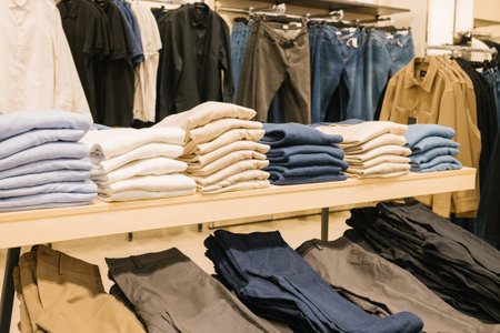 Casual clothing display in retail store with folded shirts and pants.の写真素材