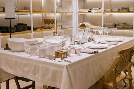 Elegant dining table setting with white dinnerware and crystal glasses in modern store display.の写真素材