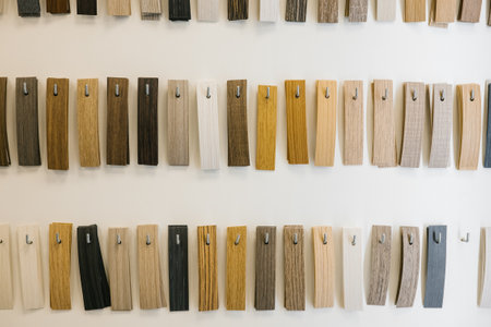 Collection of wooden sample swatches displayed on wall in various shades and textures.