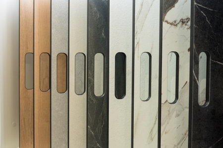 Variety of laminate and marble cabinet surface textures.の写真素材