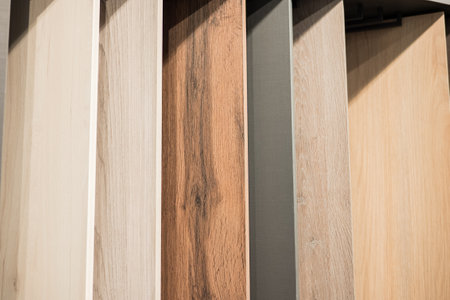 Variety of wooden laminate panels displayed in vertical arrangement.の写真素材