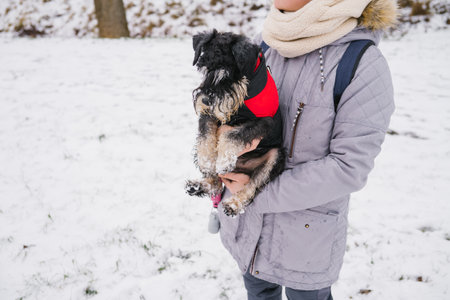 Woman holding small dog in snowy park during winter.の写真素材