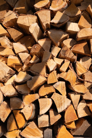 Stack of chopped firewood in sunlight.の写真素材