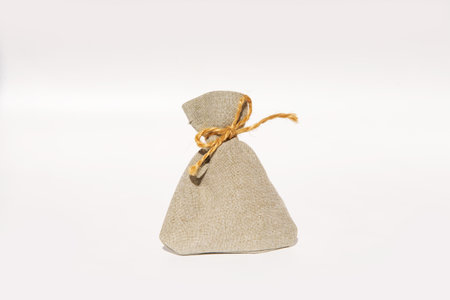Simple beige burlap sack with twine against plain background.