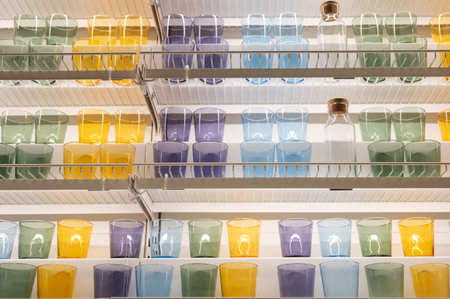 Colorful glasses and bottles arranged on shelves in a pantry setting.の写真素材