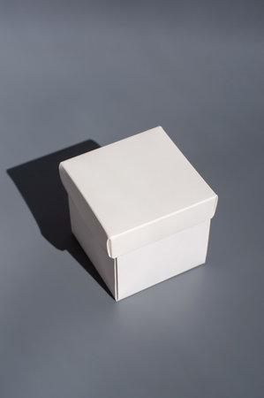 Minimalist white gift box with shadow on gray background.