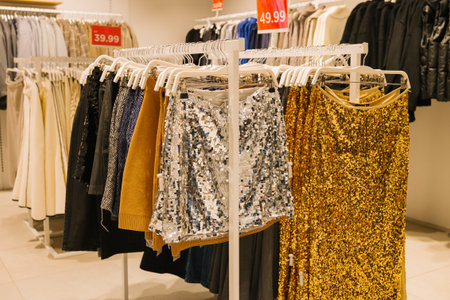 Sparkling sequined skirts on clothing rack in retail store.の写真素材