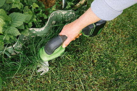 Adult caucasian hand trimming grass with electric shears in garden setting.