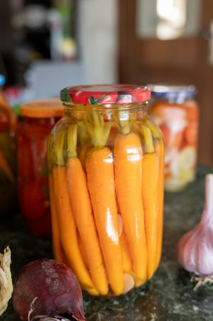 Pickled carrots in jar with fresh vegetables on kitchen counter.の写真素材