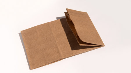 Brown kraft paper bag lying flat on neutral background with sunlight.