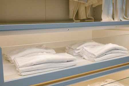 Organized closet shelf with neatly folded white shirts and towels.の写真素材