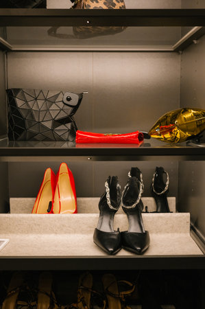 Elegant shoe and handbag display featuring red and black high heels in stylish closet.の写真素材