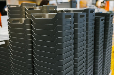 Stack of black plastic storage bins in warehouse setting.の写真素材
