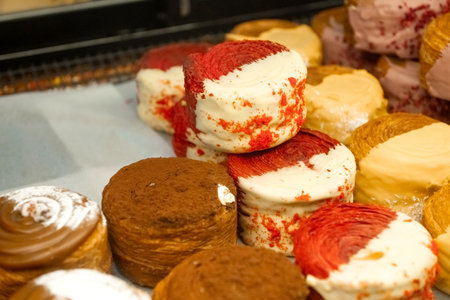 Assorted cronuts display with red velvet and chocolate toppings.の写真素材