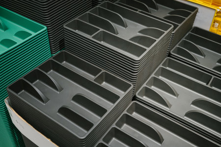 Stacked black and green plastic food trays in storage position.の写真素材