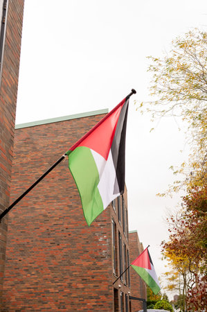Palestinian flags on brick buildings displaying national colors against cloudy sky.